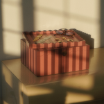 A striped gift box with a bow sits on a table in warm sunlight with window shadows cast across the scene.